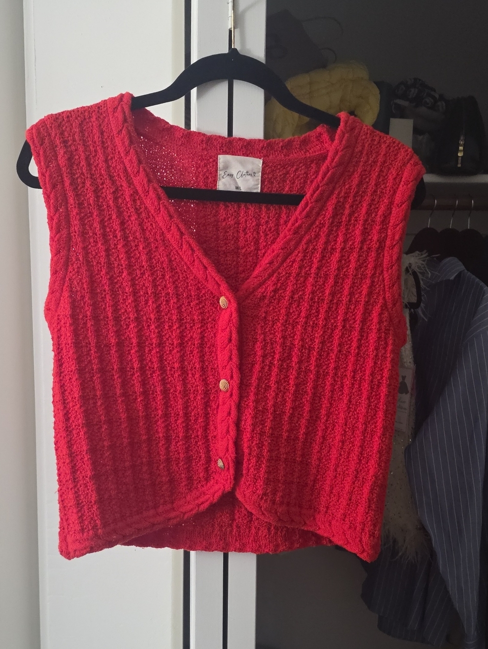 Easy Clothes Bright Red Sleeveless Knit Cardigan Vest with Gold Buttons.like New